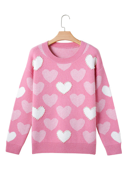 Pearled Heart Print Valentines Crew Neck Sweater | Pink