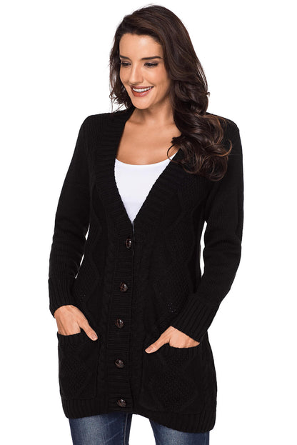 Front Pocket And Buttons Closure Cardigan | Black