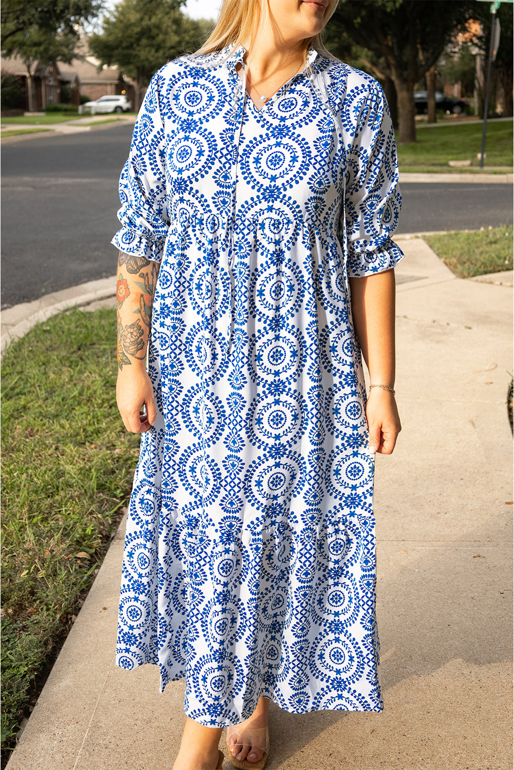 Geometric Print Lace-Up Notch Neck Plus Size Maxi Dress | Sky Blue