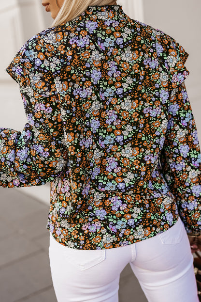 Floral Print Ruffled Bubble Sleeve Shirt | Red