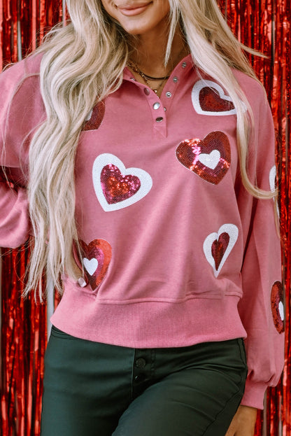 Mineral Wash Sequin Heart Snap Buttons Collared Sweatshirt | Pink