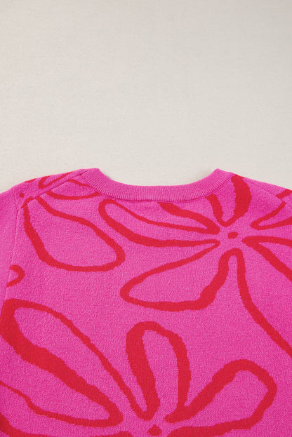 Button Sides Sleeveless Floral Knitted Top | Bright Pink