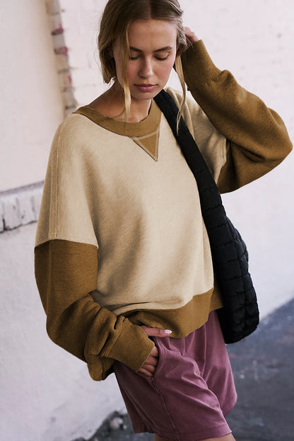 Colour Block Thumbhole Sleeve Drop Shoulder Sweatshirt | Apricot