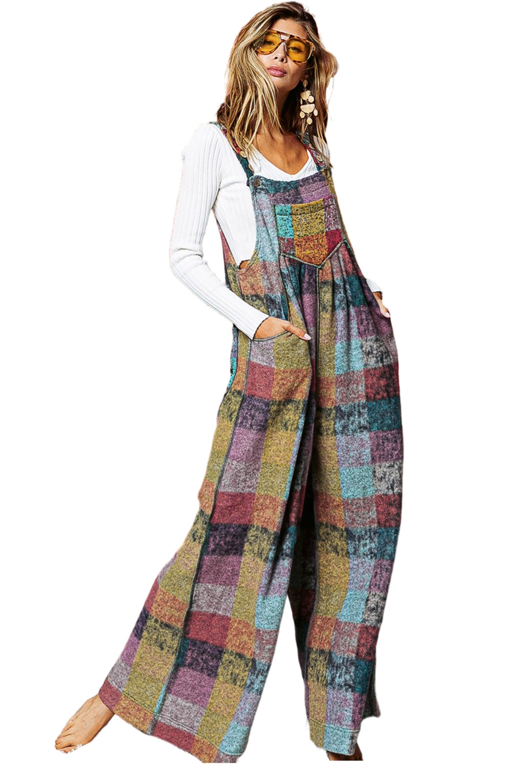 Brushed Checkered Wide Leg Overalls | Multicolour