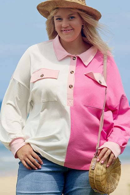 Colour Block Chest Pockets Half Button Plus Size Sweatshirt | Bonbon