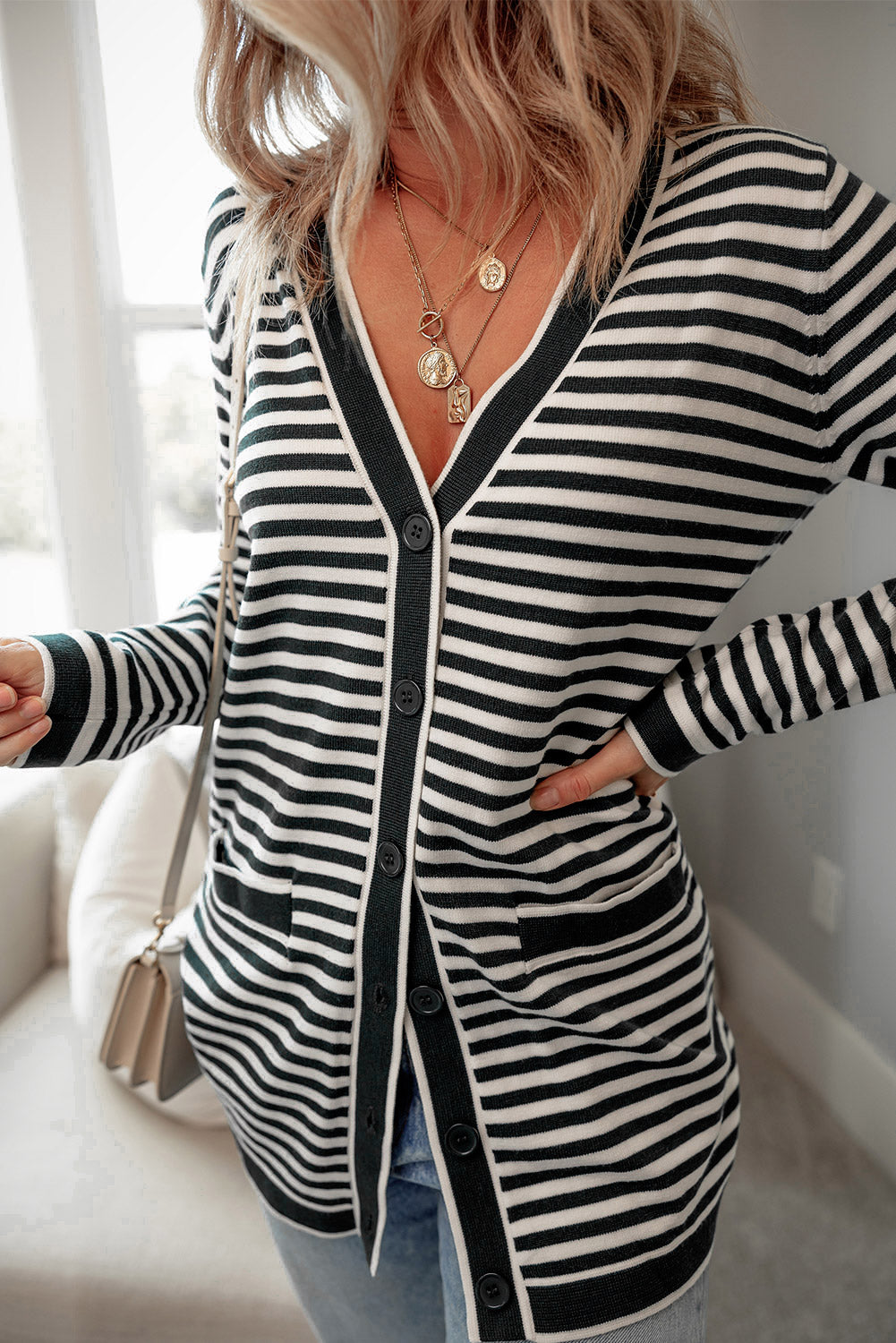 Long Sleeve Button Up Tunic Cardigan | Black Stripe