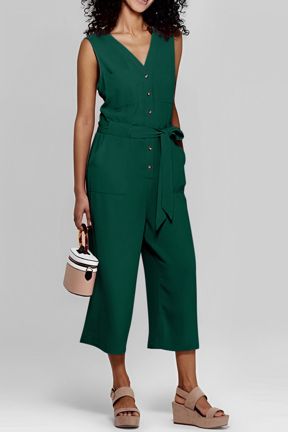 Buttoned Sleeveless Cropped Jumpsuit With Sash | Green