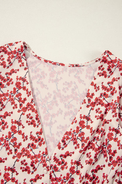 Floral Print Long Sleeve Open Back Blouse | Red