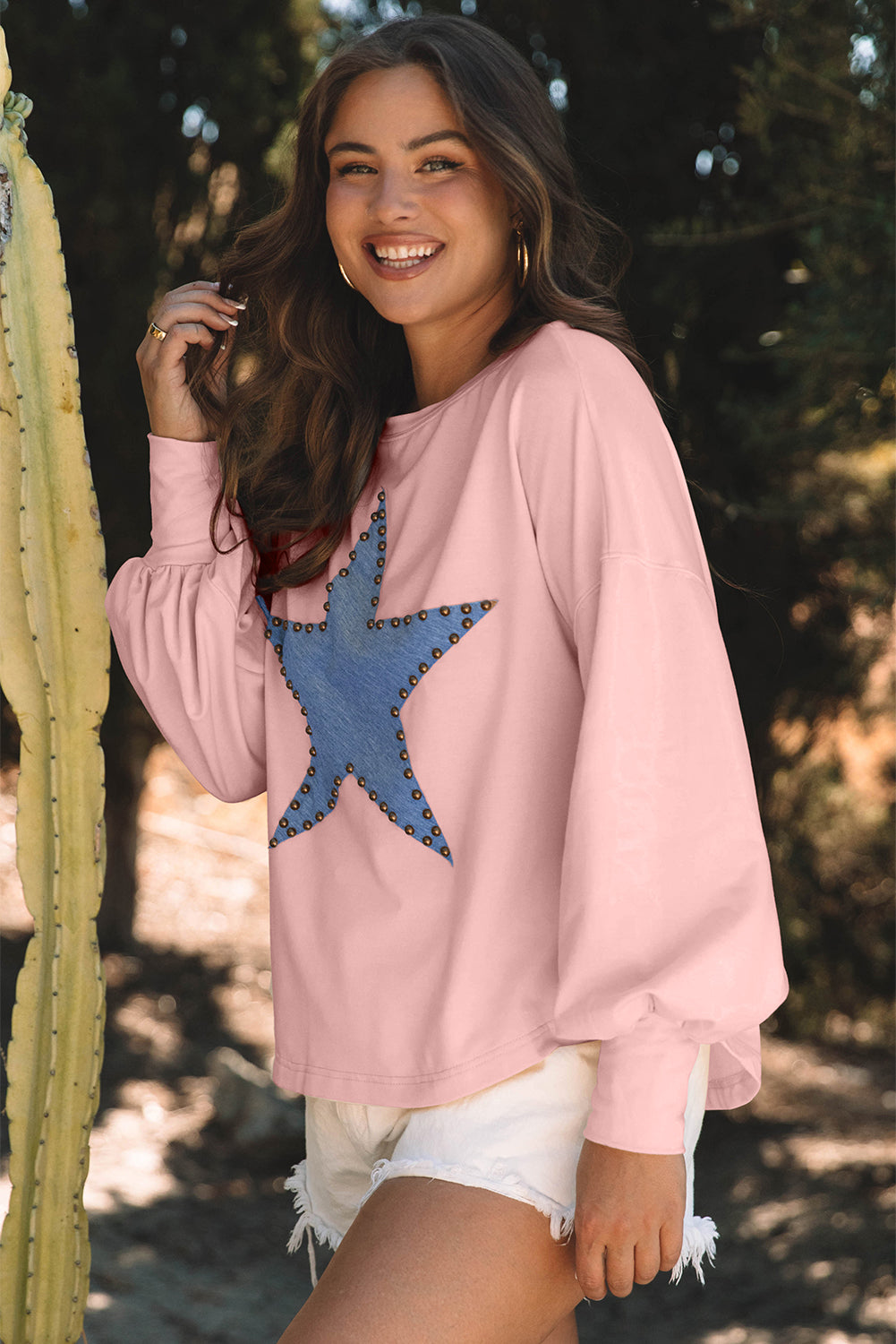 Studded Star Graphic Oversized Long Sleeve Top | Gossamer Pink