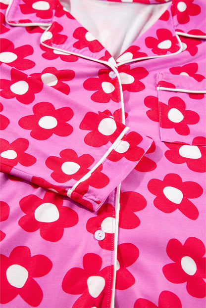 Flower Print Long Sleeve Shirt Shorts Pajamas Set | Pink