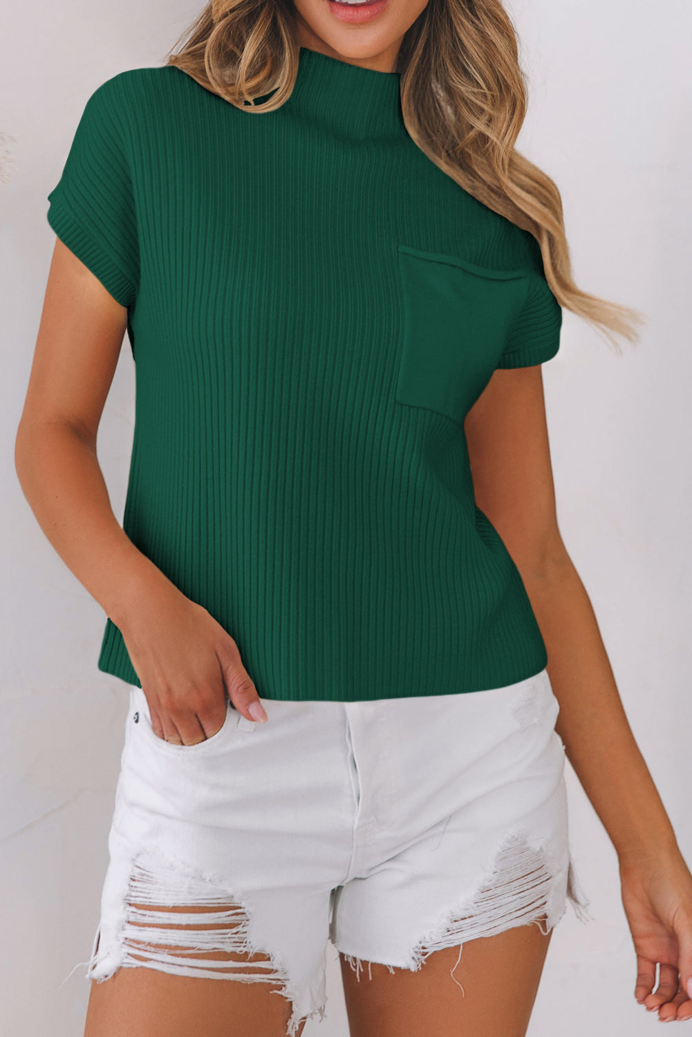 Patch Pocket Ribbed Knit Short Sleeve Sweater | Blackish Green