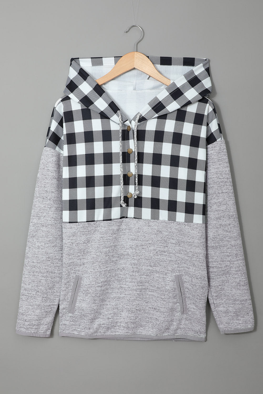 Plaid Splicing Pocketed Hoodie | Black