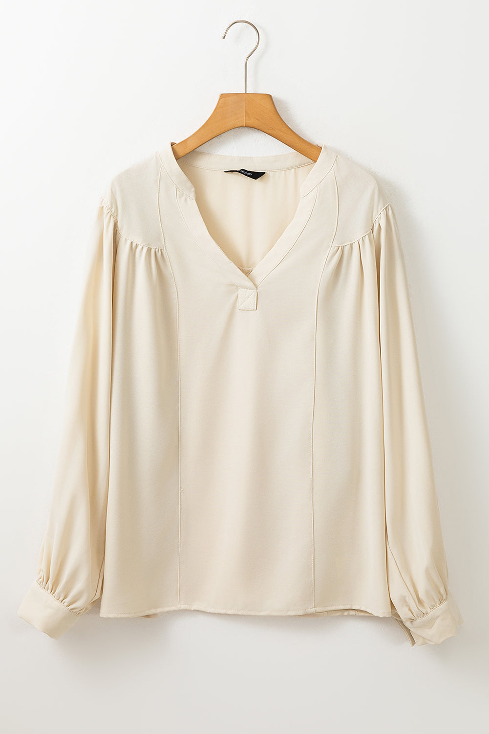 Solid Colour Lantern Sleeve Notched V Neck Blouse | White