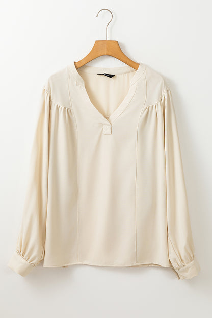 Solid Colour Lantern Sleeve Notched V Neck Blouse | White