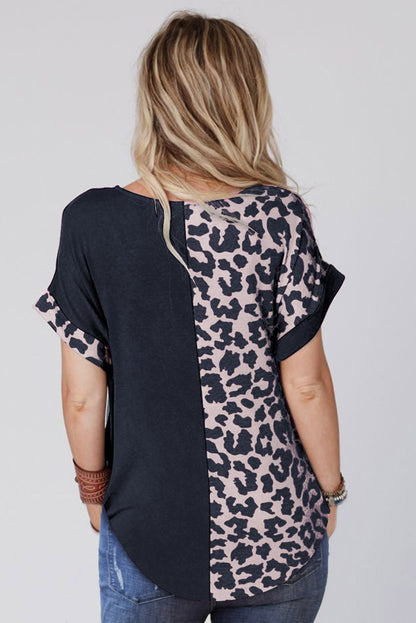 Half Leopard Patchwork Short Sleeves Top | Black