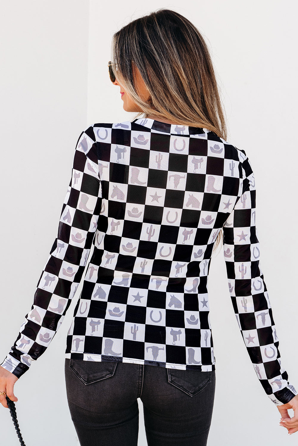 Checkerboard Western Elements Printed Mesh Long Sleeve Top | Black