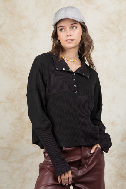 Ribbed Knit Snap Button Long Sleeve Top | Black