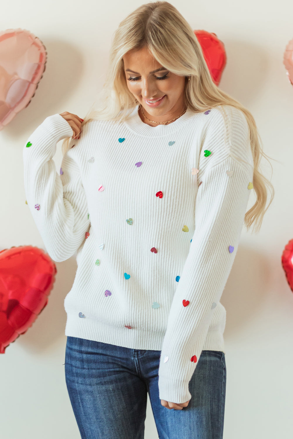 Sequin Heart Shape Waffle Knit Round Neck Sweater | Beige