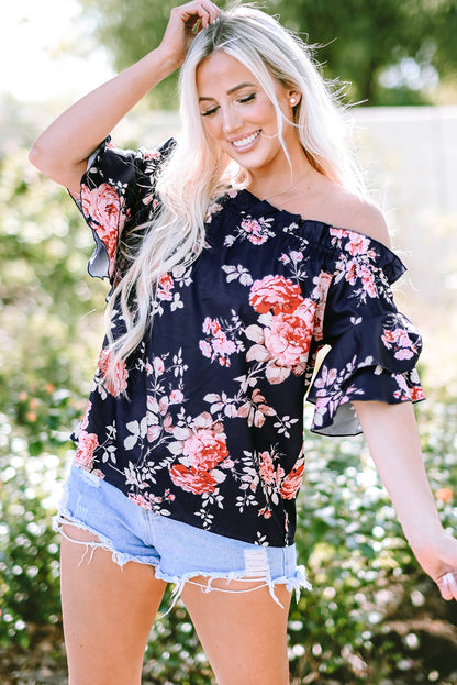 Ruffle Off Shoulder Flounce Sleeve Floral Blouse | Blue