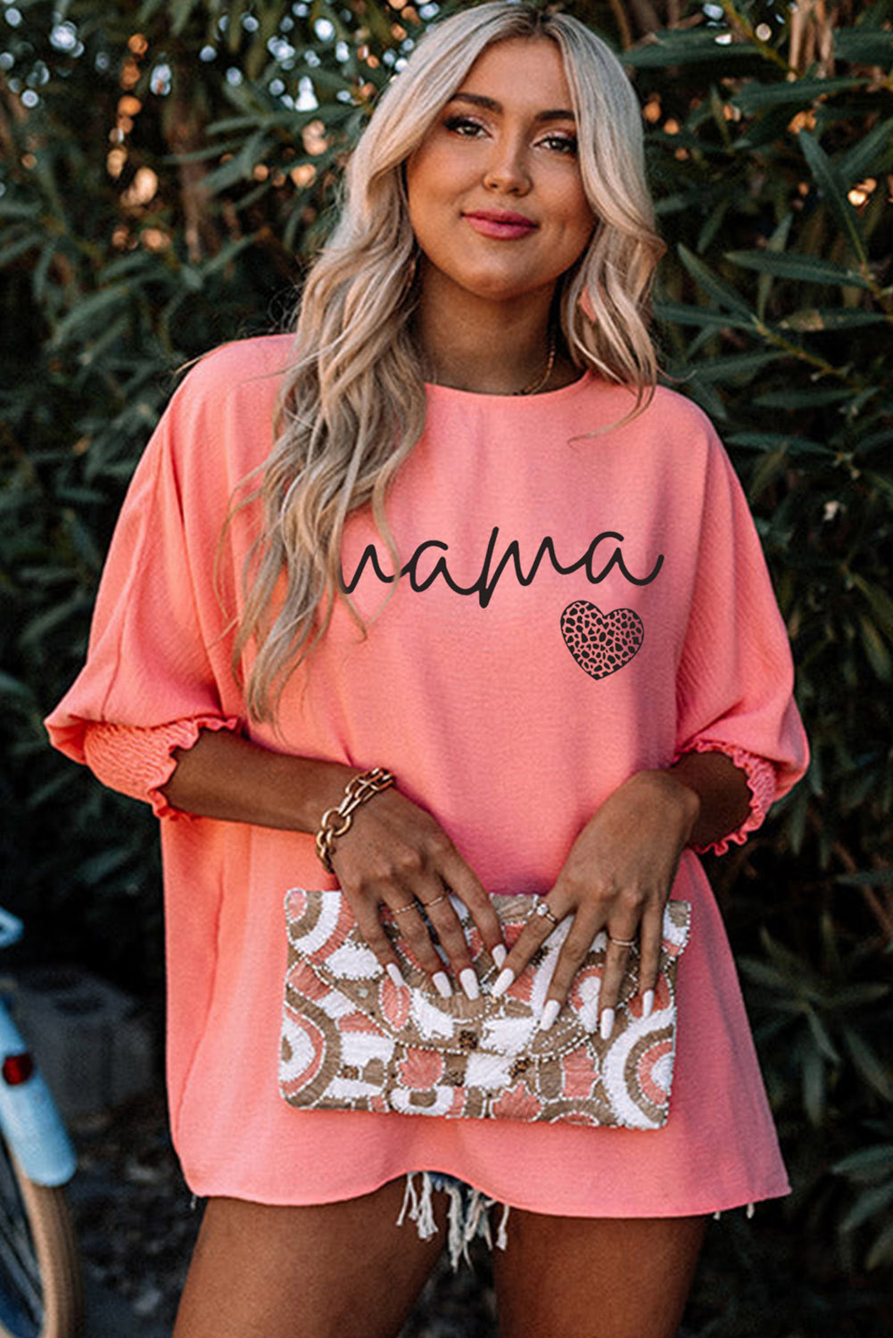 Mama Leopard Heart Print Shirred 3/4 Sleeve Top | Pink