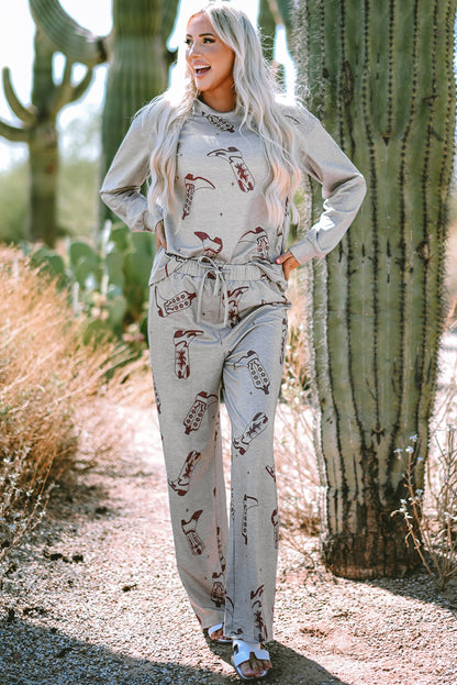 Cowgirl Boots Printed Long Sleeve Top Pants Lounge Set | Gray