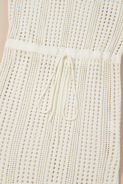 Open Knit Drawstring Waist Beach Dress | Beige