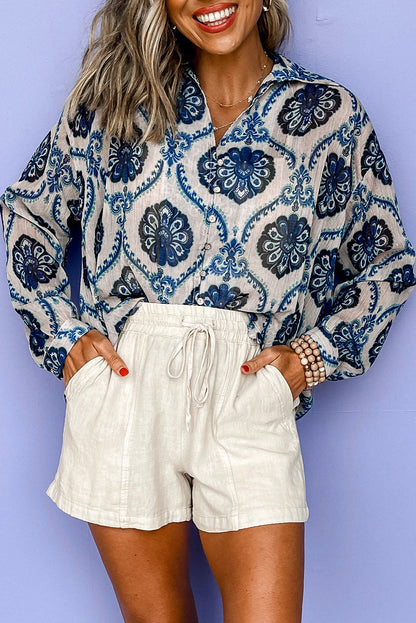 Tribal Pattern Buttoned Front Loose Shirt | Blue