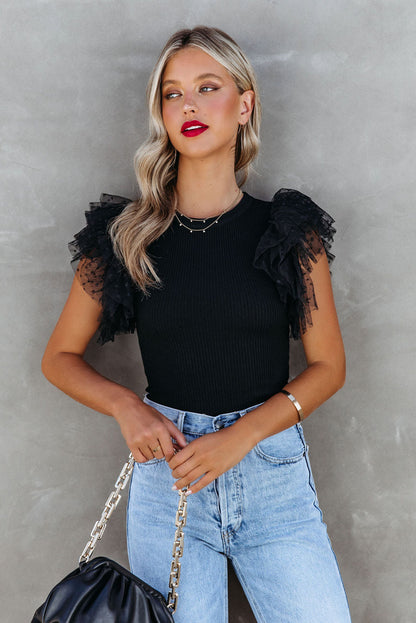 Dotty Mesh Ruffle Sleeve Ribbed Knit Top | Black