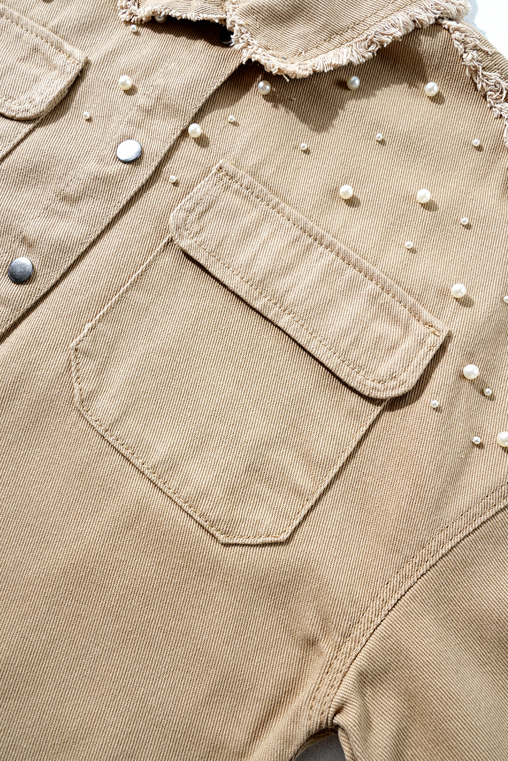 Pearl Beaded Raw Hem Button Up Denim Jacket | Khaki