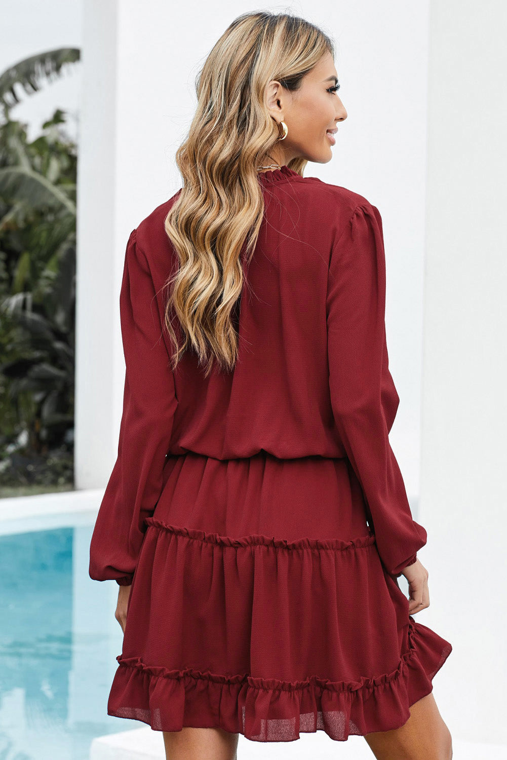 V Neck Long Sleeve Ruffle Tiered Mini Dress | Red