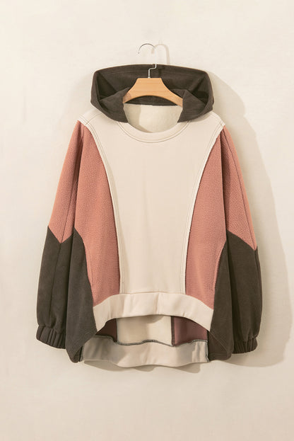 Oversized Colour Block Patchwork High Low Hoodie | Beige