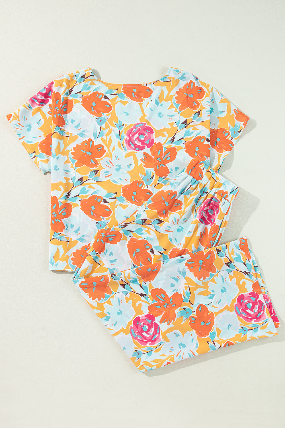 Vibrant Floral Printed Short Sleeve Top 2 Piece Pants Set | Orange