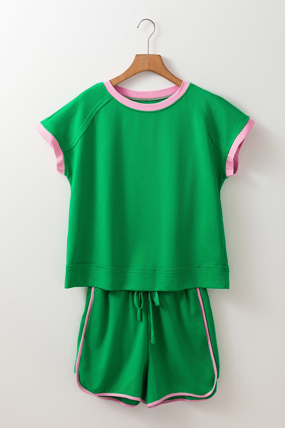 Two Tone Contrast Textured Crewneck Tee And Shorts Set | Bright Green