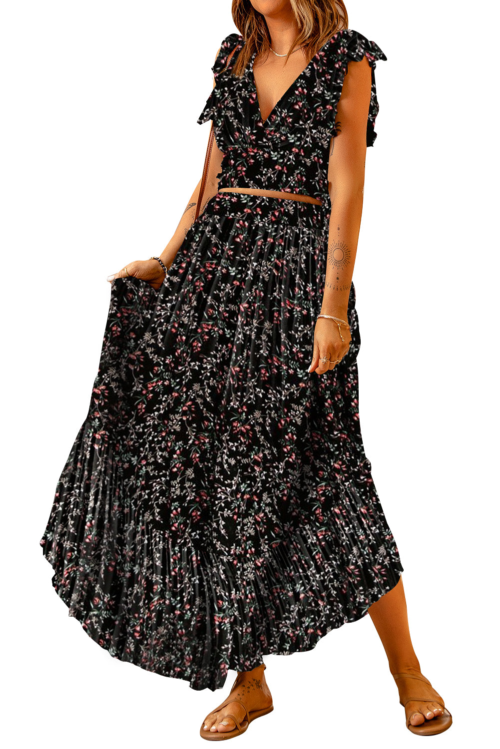 Multicolour Floral Ruffled Crop Top And Maxi Skirt Set | Black