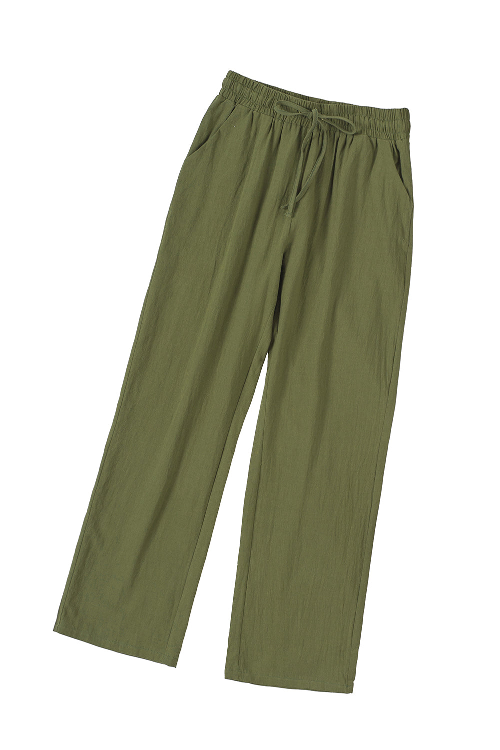 Drawstring Elastic Waist Pockets Long Straight Legs Pants | Green