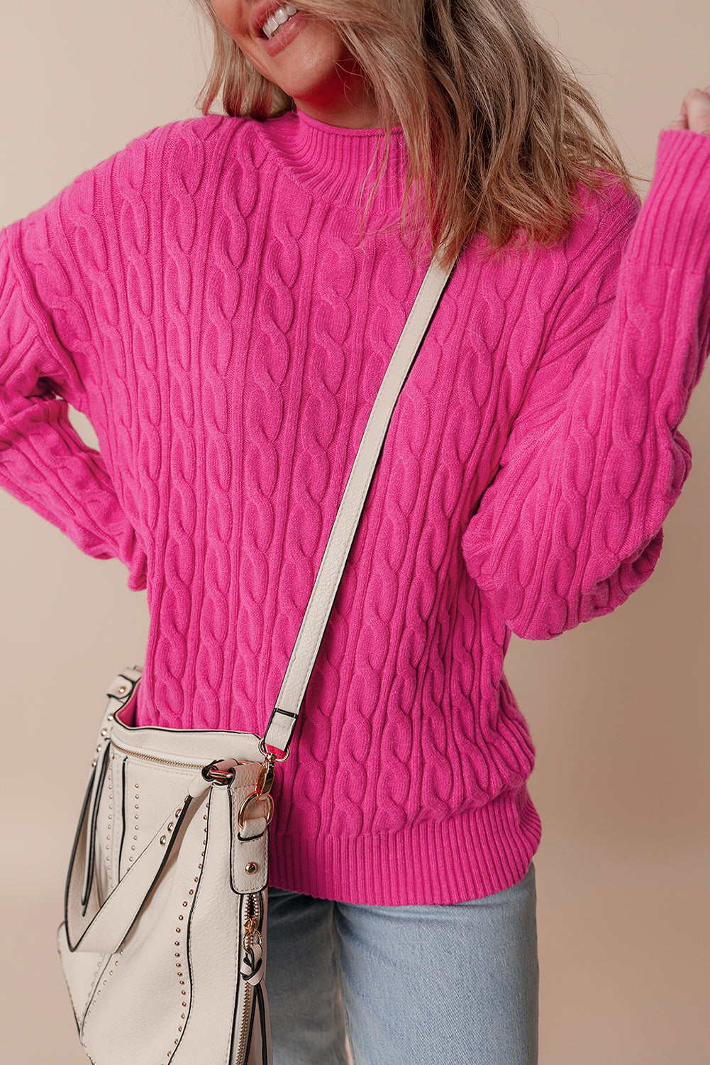 Solid Cable Knit High Neck Drop Shoulder Sweater | Rose Red