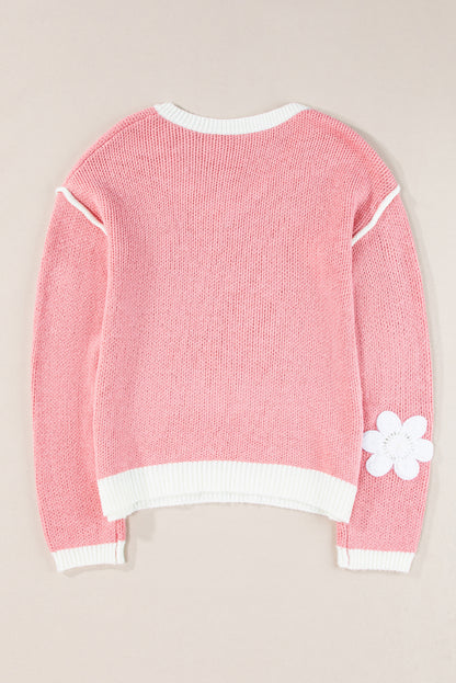 Flower V Neck Dropped Shoulder Sweater | Pink