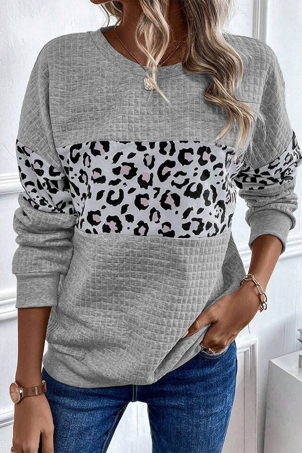 Leopard Quilted Patchwork Crew Neck Sweatshirt | Gray