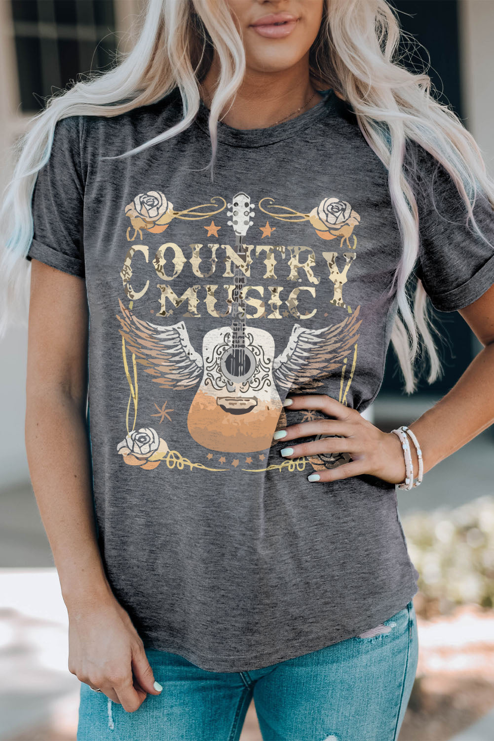 Country Music Guitar Graphic Print Crew Neck T Shirt | Gray