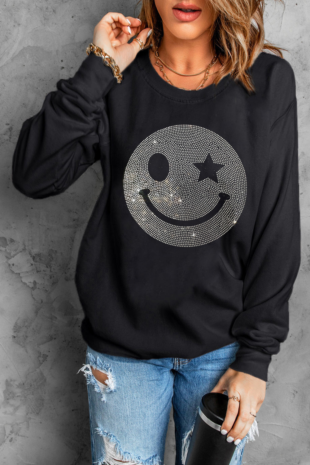 Rhinestone Smile Face Graphic Drop Shoulder Sweatshirt | Black