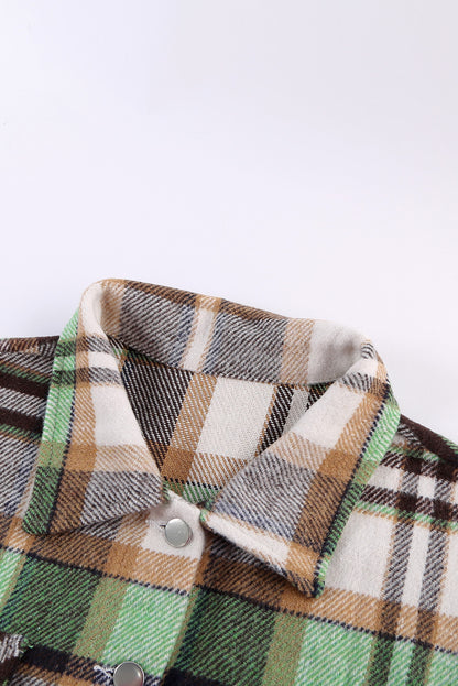 Geometric Plaid Print Pocketed Shacket | Green