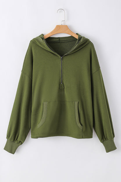 Solid Kangaroo Pocket Half Zipper Oversized Hoodie | Moss Green