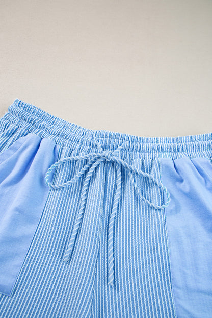 Plus Size Ribbed Long Sleeve Top And Drawstring Shorts Set | Light Blue