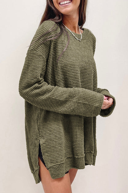 Waffle Knit High Slits Oversized Top | Green