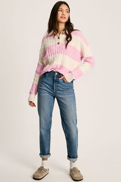 Cable Knit Collared Henley Sweater | Pink Stripe