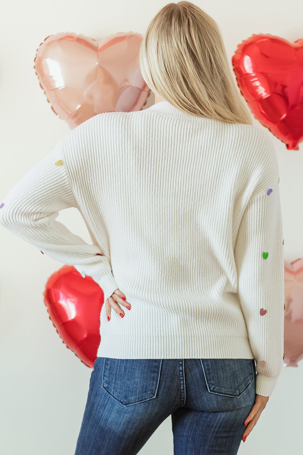 Sequin Heart Shape Waffle Knit Round Neck Sweater | Beige