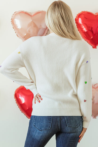 Sequin Heart Shape Waffle Knit Round Neck Sweater | Beige