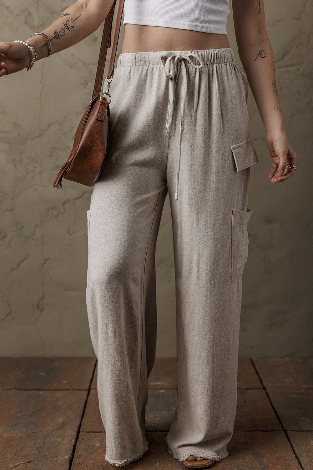 Boho Linen Drawstring Waist Raw Edge Cargo Loose Pants | Beige