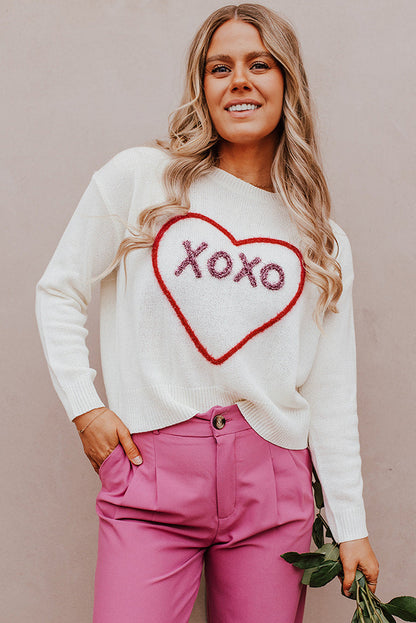 Heart Xoxo Pattern Drop Shoulder Rib Knit Sweater | White