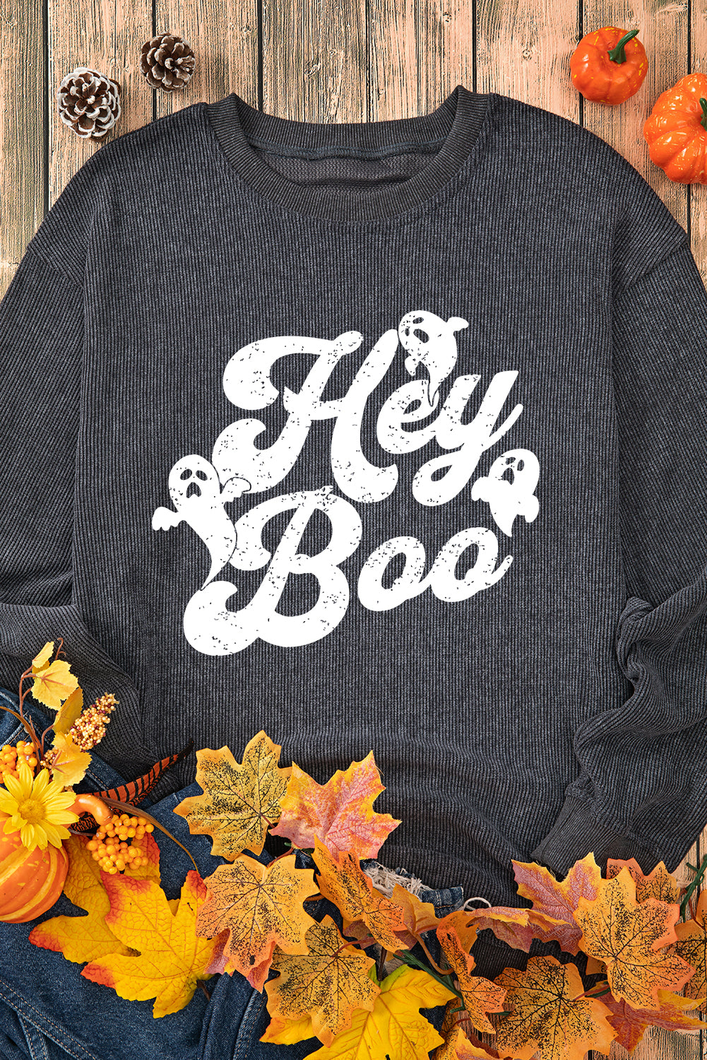 Corded Hey Boo Ghost Graphic Drop Shoulder Halloween Sweatshirt | Gray